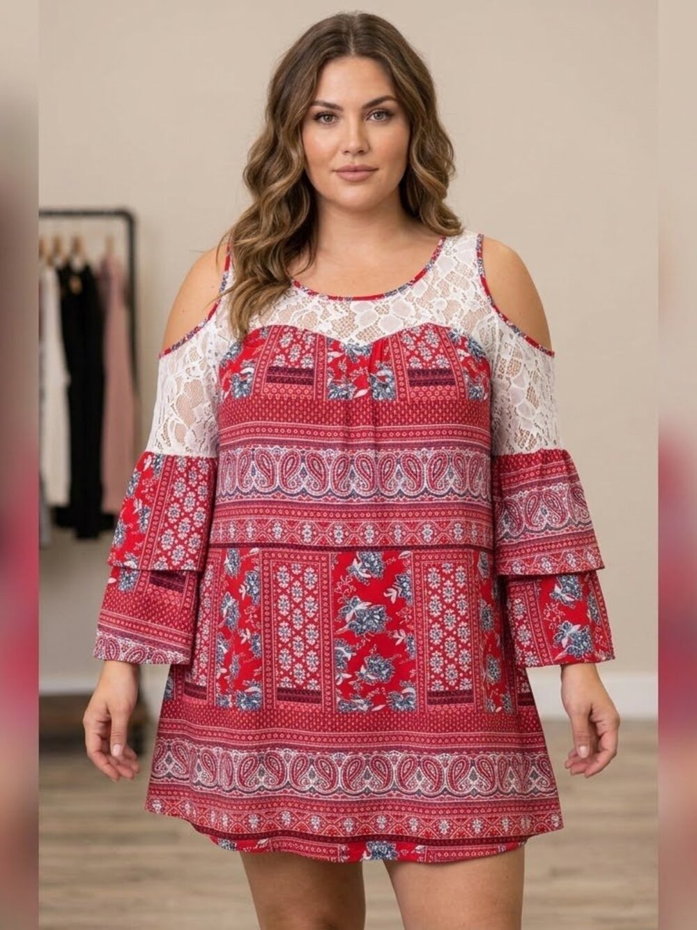 No Comment Ny La Chic Red and White Patterned Midi Dress size XL 0623